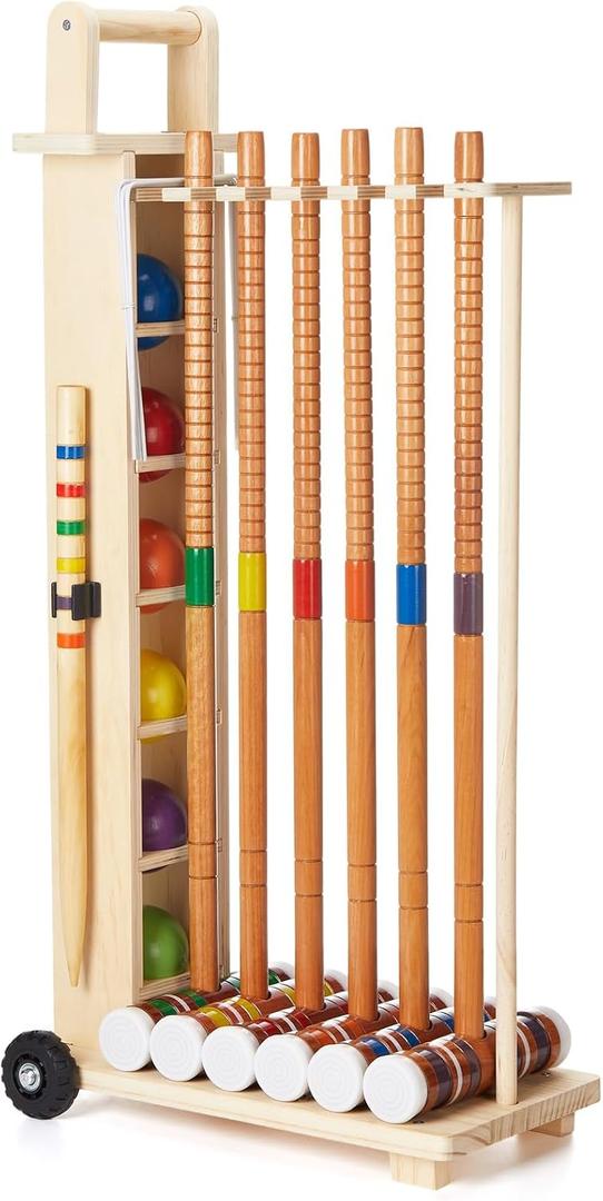 6 Player Croquet Set for Adults with Wooden Stand, Wooden Rubber Mallets, Upgraded Resin Colored Balls and Steel Wicket for Family & Friends, Great for Outdoor Lawn, Backyard Park, 3 inches , 33.9 inches