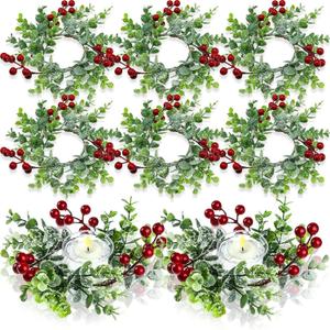 12 Pieces Christmas Candle Rings Garland 3.15 Inch Center Pillar Candle Rings Wreaths Red Berry Garland Holders Mini Ring for Wedding Party Living Room Dining Table Decoration