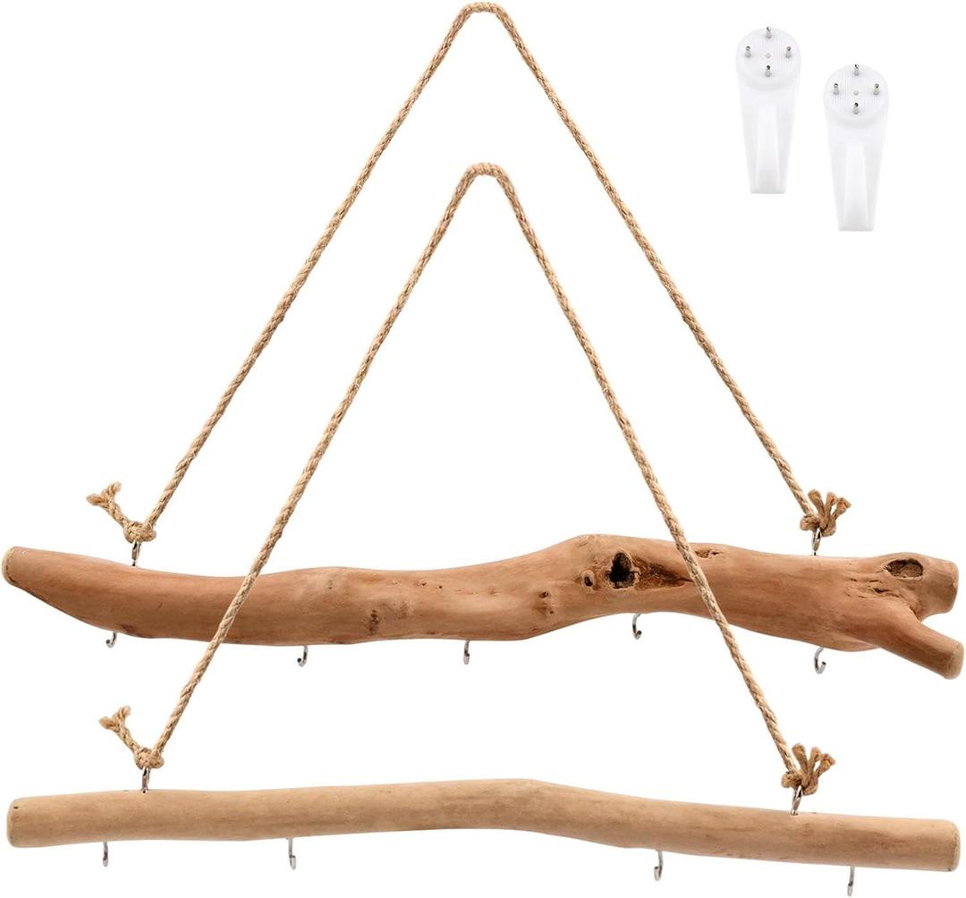 15Inch Driftwood Wall Hanging Jewelry Organizer - 2pcs Rustic Wood Tree-Shaped Wall Decor with 4/5 Hooks for Rustic, Boho & Farmhouse Home