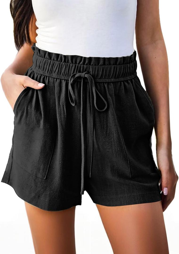 Hody Lovy Linen Beach Vacation Shorts for Women Dressy Casual Summer Outfits High Waisted Lounge Comfy Wide Leg Loose (XX-Large, Black)