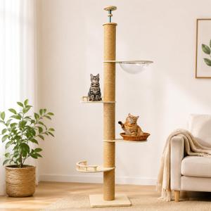 4-Level Floor to Ceiling Cat Tree with Scratching Posts, Adjustable 7-9ft | 79ft adjustable floor-ceiling cat tower;4-level with capsule,thick jute scratch posts,stable space-saving for indoor cat
