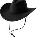 Lanzom Women Men Retro Felt Wide Brim Western Cowboy Cowgirl Hat Dress Up Hat with Wind Lanyard (Medium-Large, Black)