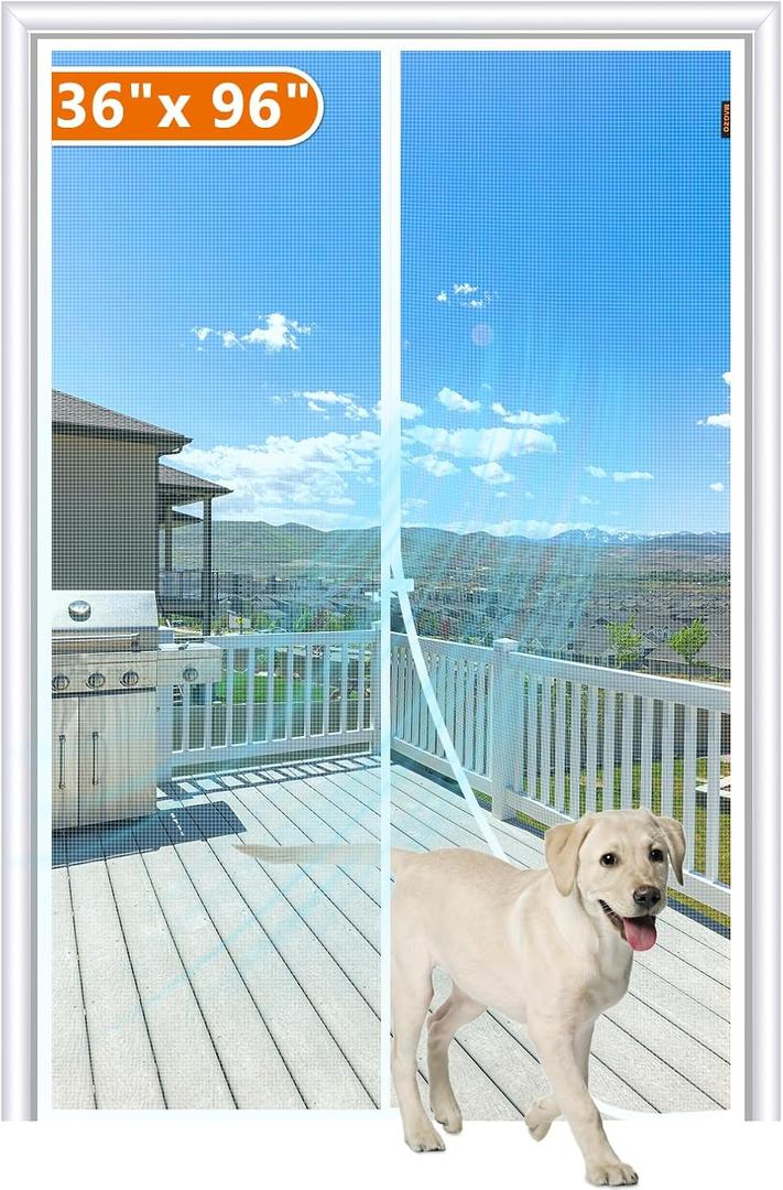 MAGZO Magnetic Screen Door Fit Door Size 36 x 96 Inch, Screen Size 38" x 97" Strong Magnet Door Mesh with Reinforced Hook & Loop for Patio, Sliding, French Door, White