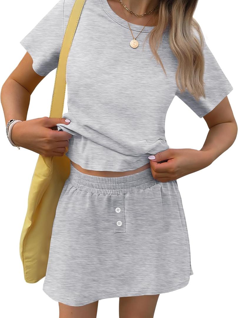 TCOT Pajamas for Women Set Summer Fashion Short Sleeve Crewneck Tops with Skirt Sets Pajama Casual Loungewear (Large, A Light Grey)