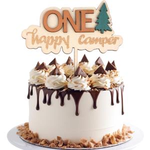 First Birthday Cake Topper, Wooden One Cupcake Topper 1st Birthday Party Decoration Number Cake Photo Props Happy Camper Party Decor for Baby Shower Anniversary