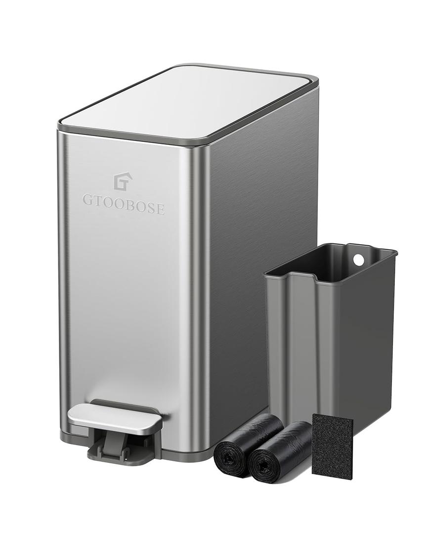 10L/2.6G Slim Bathroom Trash Can, Narrow Stainless Steel Soft-Close Step Pedal Bin with Lid, Odor Control Carbon Box, Removable Inner Bucket, Small Waste Bin for Bedroom, Office, RV (Silver)
