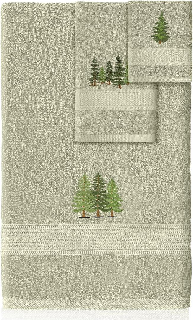3 Pcs Rustic Pine Trees Bathroom Towel Set Farmhouse Embroidered Pine Trees Towels Vintage Decorative 100% Cotton Bath Towel Highly Absorbent Elegant Summer Decor Set for Bathroom