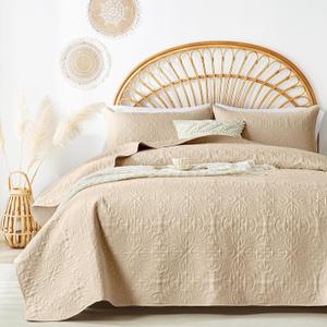 akkialla Beige Full Queen Quilt Bedding Set for All Seasons,Lightweight Bedspread Queen Size,Modern Style Soft Microfiber Elegant Floral Design Coverlet Set(1 Quilt,2 Pillow Shams)