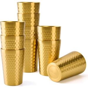 10 Pack 12 oz Stainless Steel Insulated Cup, Honeycomb Double Wall Vacuum Small Metal Cup, Reusable Camping Cups Unbreakable Indoor Outdoor for Party, Home, Office, BBQ, Gold