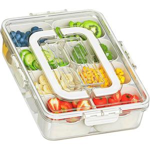 Divided Snackle Box Container-8 Compartment Snack Tray with Lid & Handle,BPA Free Stackable Snack Organizer for Fruits,Veggies,Candy,Reusable Airtight Food Storage for Fridge, Travel, Picnic, Party