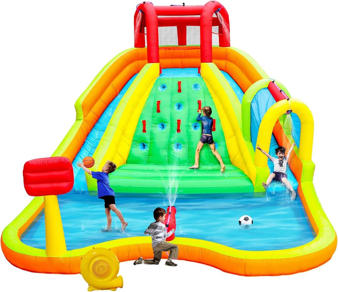 WELLFUNTIME Inflatable Water Double Slides Park, Bounce House with Arched Water Gun Spray, Jumping Castle with Air Blower, Large