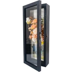 GraduationMall 5x12.5 Wood Shadow Box Frame Glass Door Display Case with Linen Back and 6 Stick Pins,1.5 inches Interior Depth,Ideal for Memorabilia Pictures Flowers Medals Tickets Rustic Black