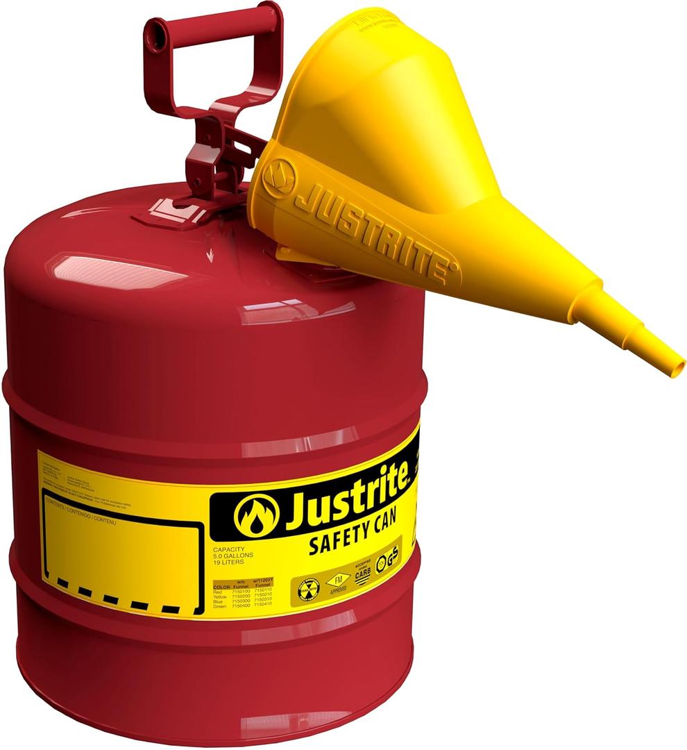 Justrite 5 Gallon Type I Red Safety Gas Can for Gasoline with Flame Arrester, Self-Closing Lid, and Funnel, Made in the USA, Galvanized Steel Flammable Storage Can, 7150110