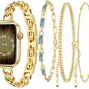 VIQIV Gold Watch Band and 3PCS Bracelets Stack Set for Women Compatible with Apple Watch 44/45/46/49/38/40/41/42mm Slim Stainless Steel Metal Straps for iWatch Series 11 10 9 8 7 6 5 4 3 SE Ultra 3 2