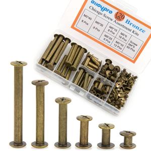 Alloypro 120 Pcs (60 Pair) M5 x 6/10/15/25/35/45 Bronze Phillips Chicago Screws Binding Screw Posts,Scrapbook Photo Albums Binding Screws Assorted Kit 6 Sizes for Leather Saddles Purses Belt Repair