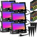 LED Flood Light Outdoor 500W Equivalent Color Changing Landscape Lighting,Timing+120 Colors Strobe+2700K Warm White+DIY Flash,IP66 Waterproof Up Stage RGB Led Light Indoor US 3Plug 6Pack with Stake