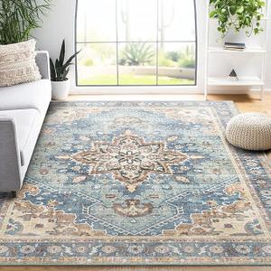 Area Rug 9'x12' - Vintage Design Washable Living Room Rug with Non-Slip Rubber Backing, Non-Shedding, Faux Wool Vintage Boho Area Rug for Bedroom, Dining Room and Laundry Room