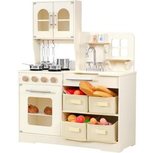 Play Kitchen for Kids Wooden Toy Playset with Storage System, Chef Pretend Play Set with Oven, Utensils, Cupboard, Sink, Clicking Knobs, Toddler Kitchen Play for Ages 3+