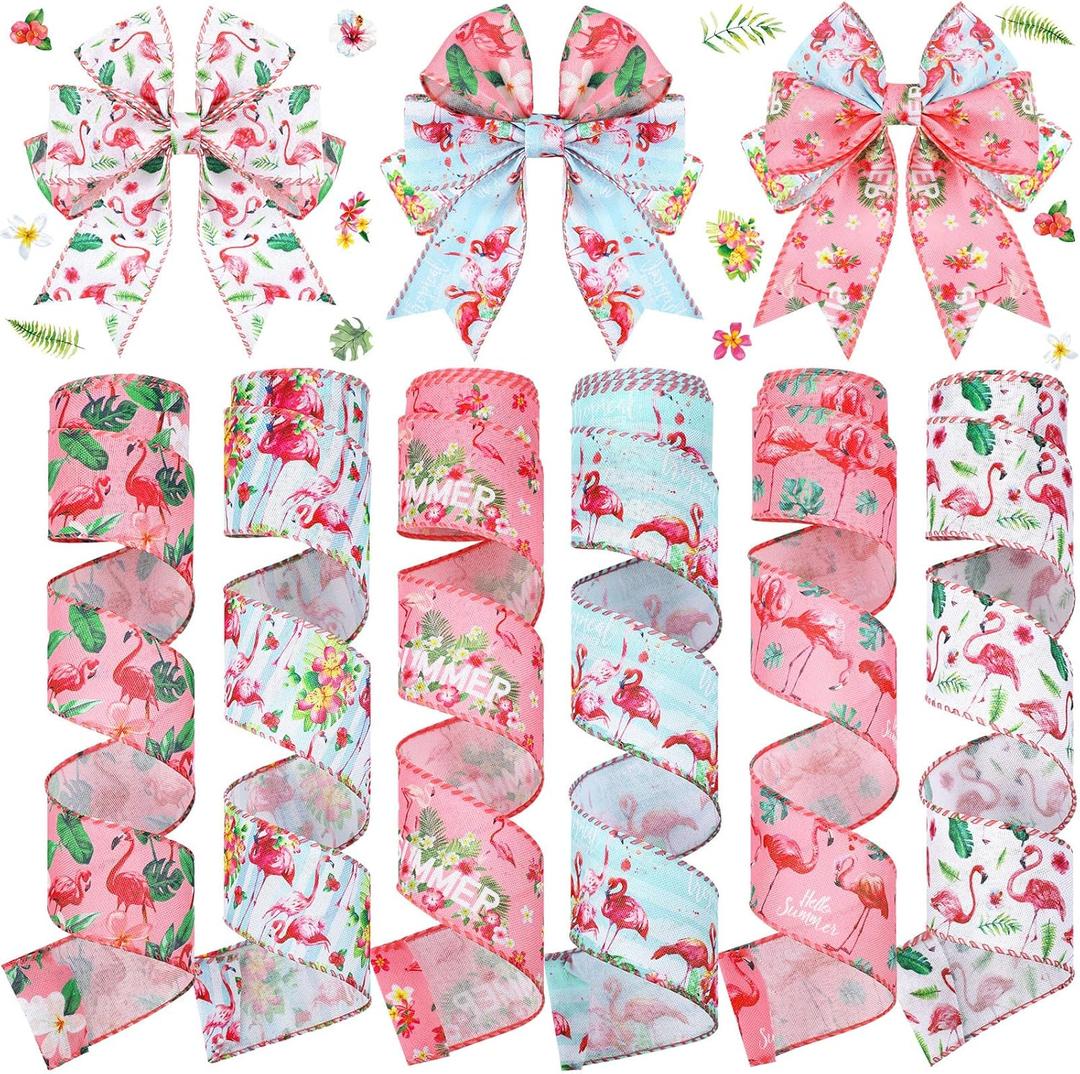 Duraaamo 6 Rolls 30 Yards Total Summer Flamingo Wired Edge Ribbon Party Burlap Ribbon Tropical Ribbon Summer Tropical Ribbons for Crafting Luau Hawaiian Gift Wrapping Bows Crafting Decorations