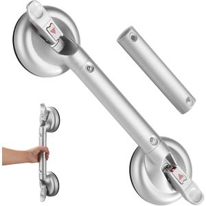 Upgrade Shower Handle, Grab Bar for Bathtubs and Showers for Elderly Wall Mount, Heavy Duty Strong Suction Cup with Patches Support 200LB 16inch Silver