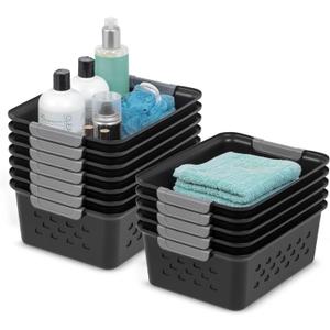 IRIS USA Plastic Storage Baskets, 12-Pack, Made in USA, Shelf Baskets Small Baskets Organizing Bins For Pantry Countertops Closet Shelves Office, Muti-Purpose, Nestable, Easy Carry, Black