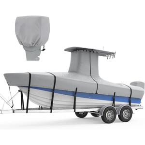 RVMasking Upgraded 1200D T-Top Boat Cover 100% Waterproof Heavy Duty Tear-Resistant Polyester with Motor Cover for Center Console Boat with T TOP Roof, 22'-24' Long Beam Width up to 116", Gray