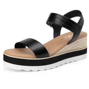 Athlefit Espadrille Wedge Sandals for Women, Open Toe Ankle Strap Low Wedge Heel Platform Sandals for Summer, Black Size 7.5