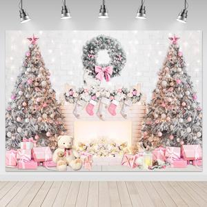 Mocsicka 10x8ft Pink Christmas Photography Backdrop Christmas Fireplace Backdrop Pink Xmas Tree Gift Background Snow Holiday Family Party Photo Studio Prop