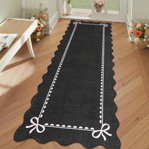 GarveeHome Scalloped Bow Rug for Living Room, Solid Rug for Dorm, Washable Runner Rug 2x6 Soft Low Pile Non Slip Scalloped Rugs for Nursery Bedroom Decor Hallway Entryway Playroom, Black Pink