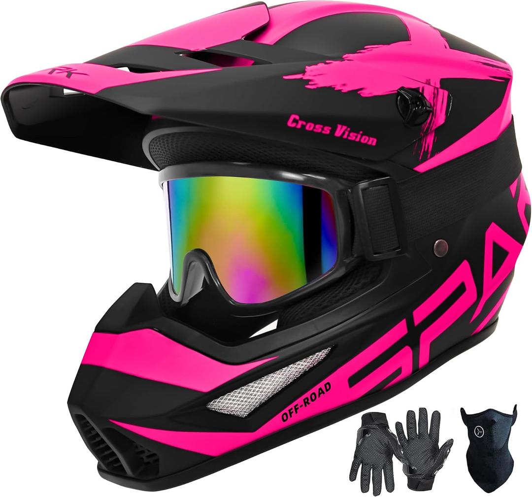 Motocross Helmet,Youth Adult ATV Dirt Bike Motorcycle Helmet,BMX 4-Wheeler Off-Road Mountain Bike Helmet,DOT Certified,W/Gloves Goggles Mask 4-Piece Set (X Pink, Small)