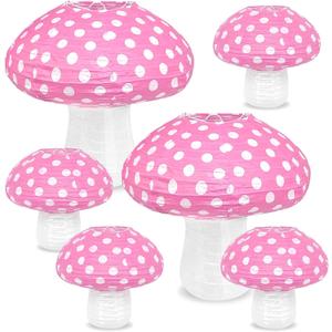 Mushroom Paper Lanterns, 6pcs Mushroom Hanging Decor Forest Jungle Wonderland Themed for Birthday Party Baby Shower Garden Wedding Decorations 8 inch, 12 inch (Pink)