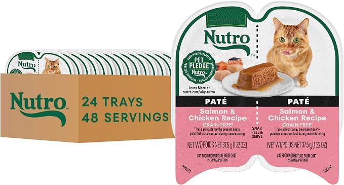 Nutro Perfect Portions Pate Wet Cat Food, Salmon & Chicken, 2.6 oz, 24 ct | Made in USA, grain-free, real chicken & salmon, complete & balanced for adults, moisture-rich, twin-pack trays (Best Before 02/28/2028)