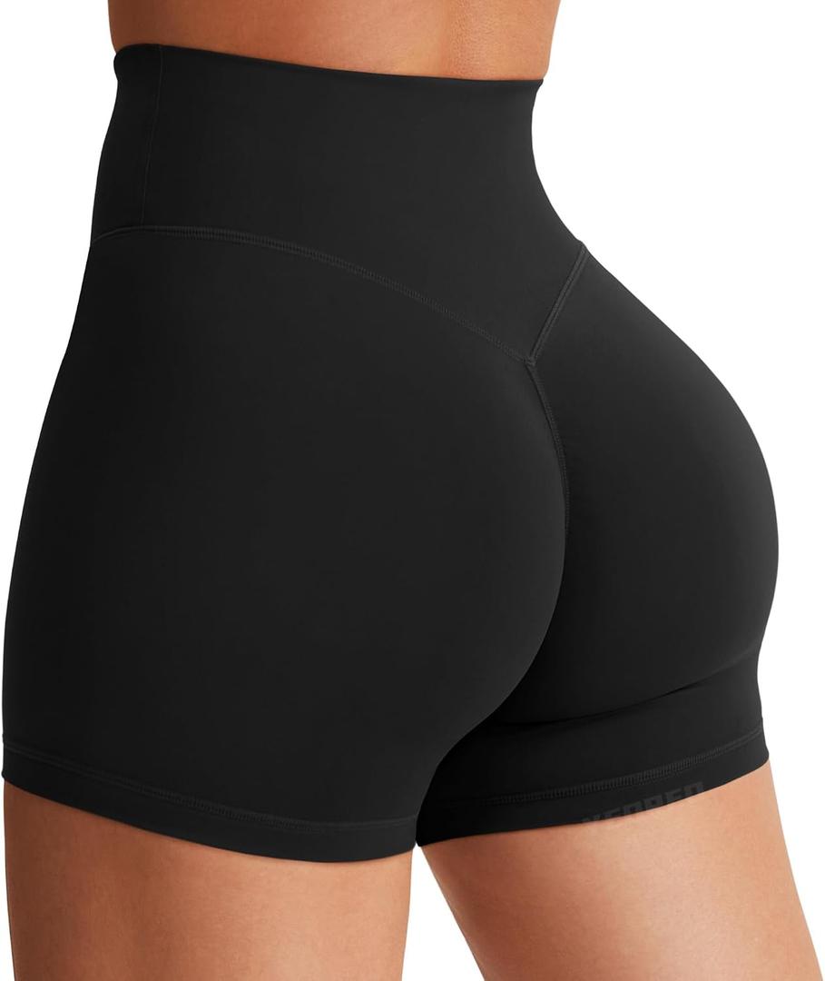 YEOREO Women's Biker Shorts 4.5" Workout Gym Shorts High Waist Tummy Control Hidden Scrunch Running Yoga Black Medium