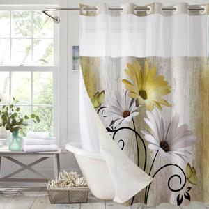 Hookless Shower Curtain with Snap in Liner, Yellow No Hook Shower Curtains for BathroomShower Curtain and Liner Set for Bathroom Decor,Waterproof & Washable,72x75 Inch