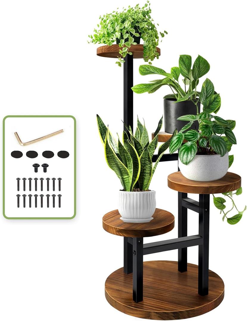 AUGOSTA 4 Tier Corner Plant Stand, Tall Metal Wood Plant Shelf Holder for Indoor, Outdoor Display Rack Flower Pot Stand for Living Room Balcony Garden Patio (Brown Black)