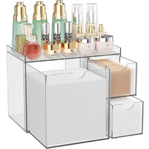 Youdepot Clear Acrylic Face Towel Holder with 3 Drawers, All-in-One Bathroom Vanity Organizer for Disposable Face Towels, Cotton Pads, Swabs and Skincare Tools