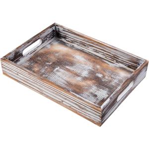 Rustic Whitewashed Wood Food Serving Tray Cutout Carrying Handles Breakfast in Bed Coffee Platter Table Wine Brown Rectangular Nesting Crate Desktop Document Holder Office Home Kitchen