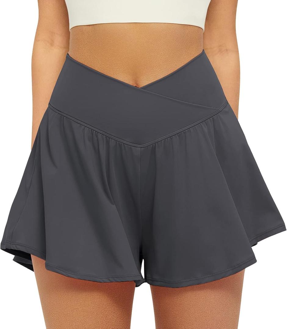 FireSwan Crossover Athletic Shorts for Women 2 in 1 Flowy Running Shorts with Pockets Spandex Butterfly Workout Tennis Skorts (Blue, XXXL)