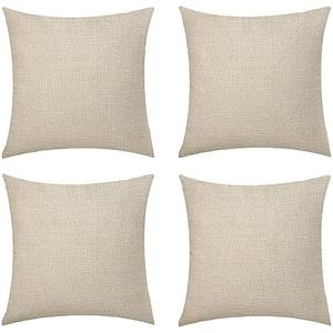 ZLWX LIFE Set of 4 Linen Throw Pillow Covers Textured Neutral Decorative Pillowcases 16x16 Inch, Farmhouse Rustic Outdoor Pillow Cover Square Accent Cushion Cases for Sofa Couch Home, Linen