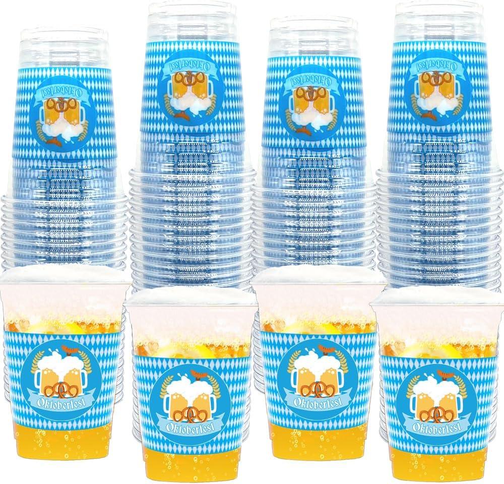 50 Count 12 oz Oktoberfest Plastic Cups Bavarian Flag Disposable Party Cups German Beer Festival Drinkware for Oktoberfest Party Decorations Supplies