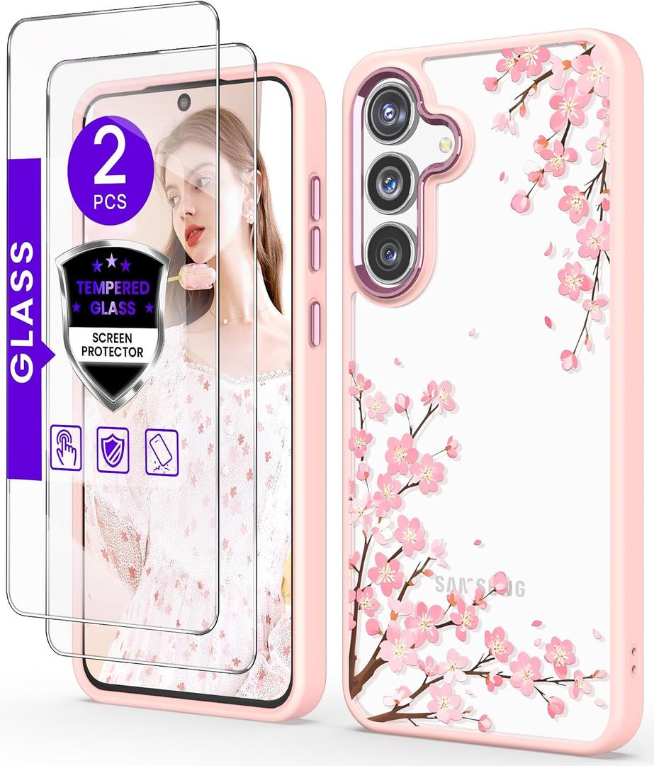 for Samsung Galaxy S25 FE 5G Case+Tempered Glass Screen Protector,Military Grade Protective Slim Soft TPU Hard PC,Girls Women Crystal Clear Flower Pattern Case Cover for Galaxy S25 FE-Pink