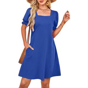 RUMIA Summer Dresses for Women 2025 Casual Cute Square Neck Puff Short Sleeve Dress with Pockets (Medium, Royalblue)