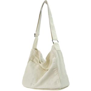 Canvas Crossbody Shoulder Bag Casual Hobo Bag Travel Tote Bag Messenger Bags Cute Large Purse for Women (White)
