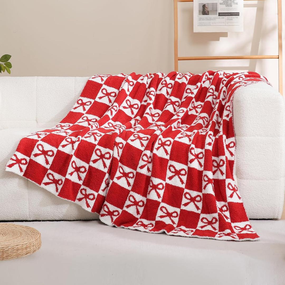 YIRUIO Red Checkered Throw Blanket with Bow Pattern, 50x60 Inches