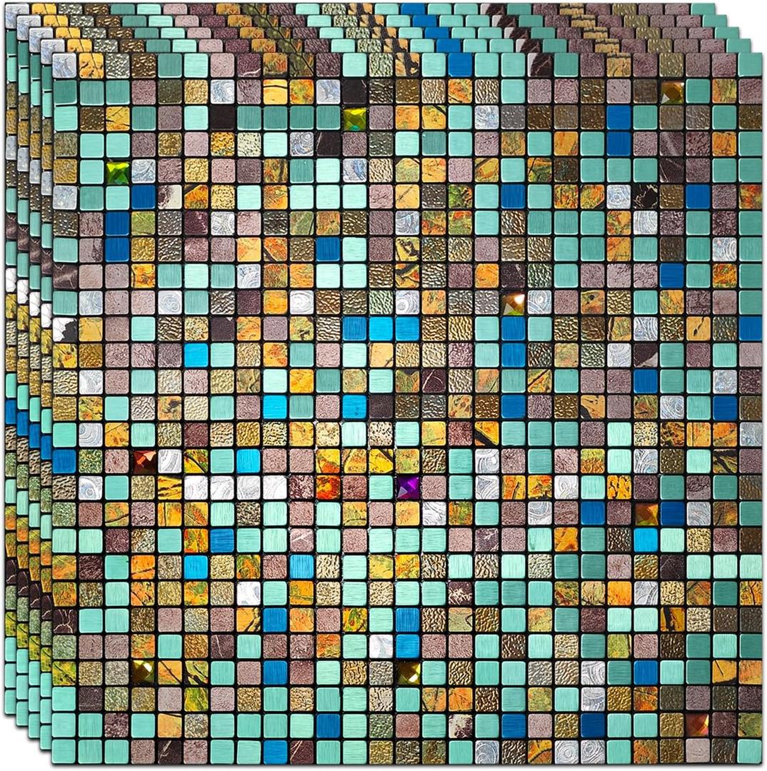 10 Sheets Peel and Stick Backsplash, Waterproof Mosaic Tile Self-Adhesive - Easy Cut to Size for Kitchen, Bathroom, Fireplace DIY Installation (10, Green+Blue Brushed)