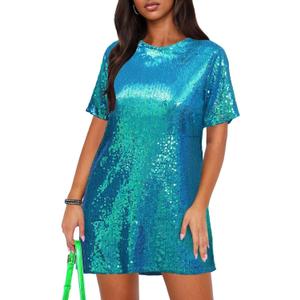 Ophestin Women's Sparkly Sequin T Shirt Dress Short Sleeve Crewneck Tie Backless Glitter Party Club Dresses (X-Large, Green)