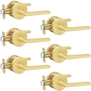 Goldenwarm Gold Closet Door Handles Interior, Bruhsed Gold Interior Passage Door Handles, Heavy Duty Zinc Alloy Indoor Brushed Brass Door Levers for Closets and Hall (6 Pack)