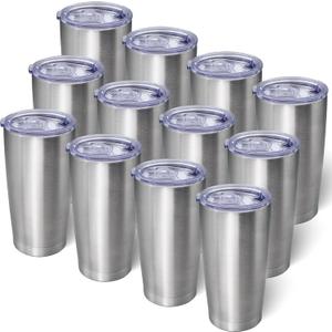 20oz Tumbler Bulk Stainless Steel Tumblers with Lid Vacuum Insulated Double Wall Travel Coffee Mug Powder Coated Tumbler Cup for Hot and Cold Drinks(Stainless Steel, 12 pack)