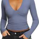 REORIA Women's Sexy Plunge Deep V Neck Long Sleeve Basic T Shirts Trendy Slim Fit Lightweight Y2K Going Out Crop Tops (XL)