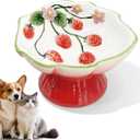 Ceramic Strawberry Elevated Cat Bowls, Tilted Raised Pet Dish for Anti Vomit, Spine Protection, Whisker Friendly - Excellent Raised Food and Water Bowl for Indoor Cats, Flat-Faced Cats, Dishwasher Saf